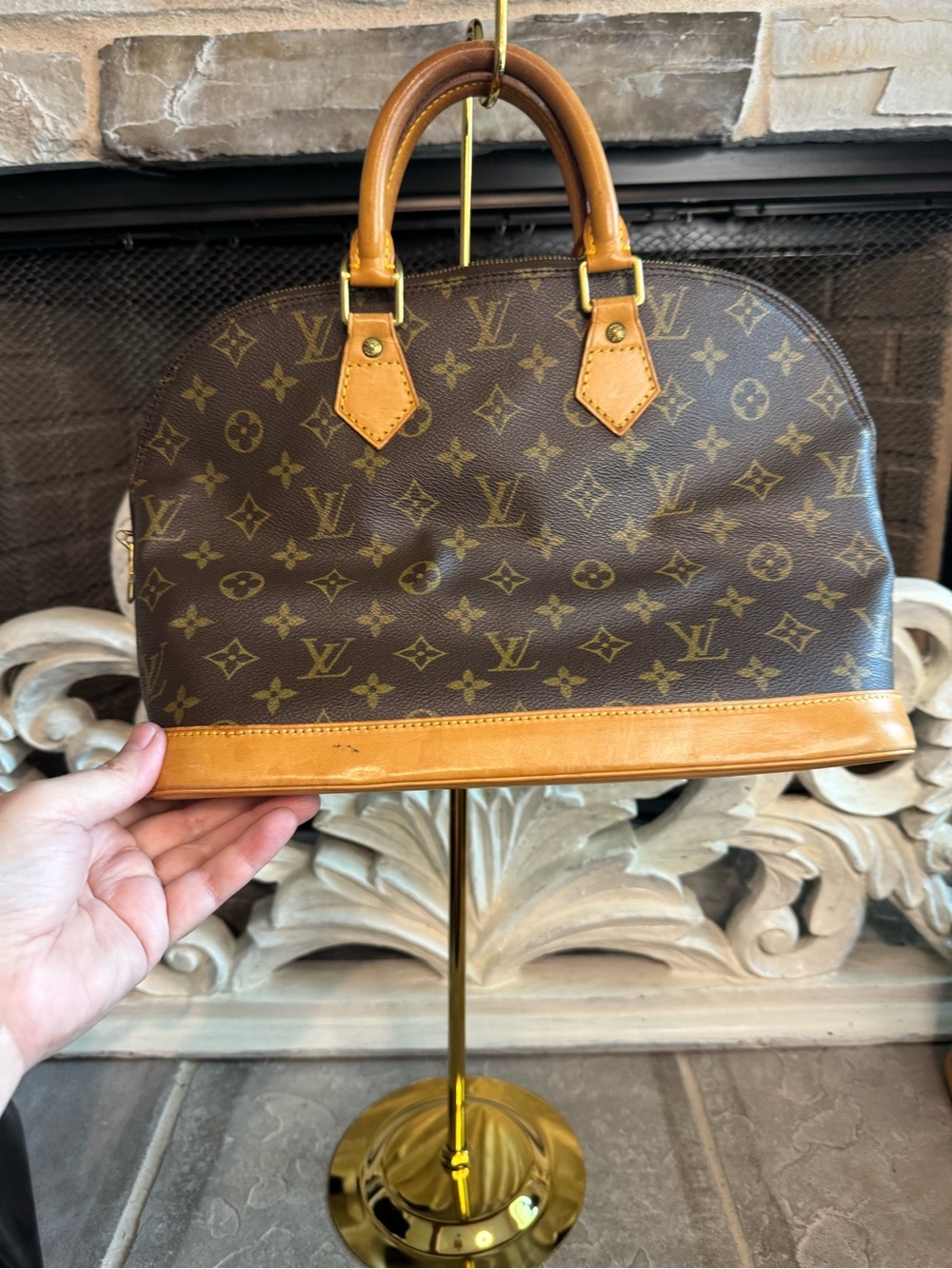 Louis Vuitton Monogram Alma Satchel in Brown and Tan with COA